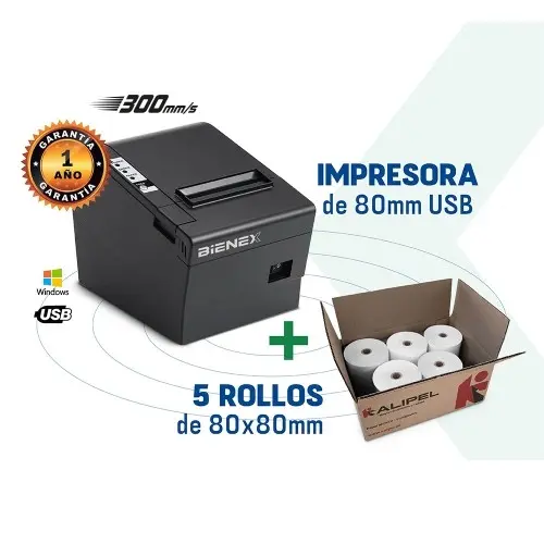 Impresora ticketera térmica de 80MM con interfaz USB + 5 rollos de papel térmico de 80x80mm