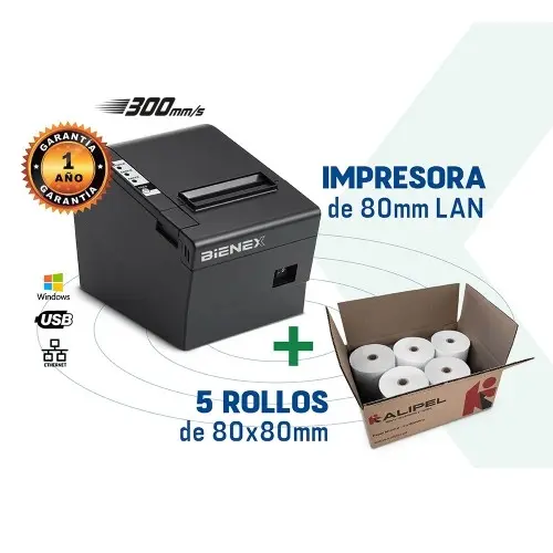 Impresora ticketera térmica de 80MM con interfaz USB y Ethernet + 5 rollos de papel térmico de 80x80mm