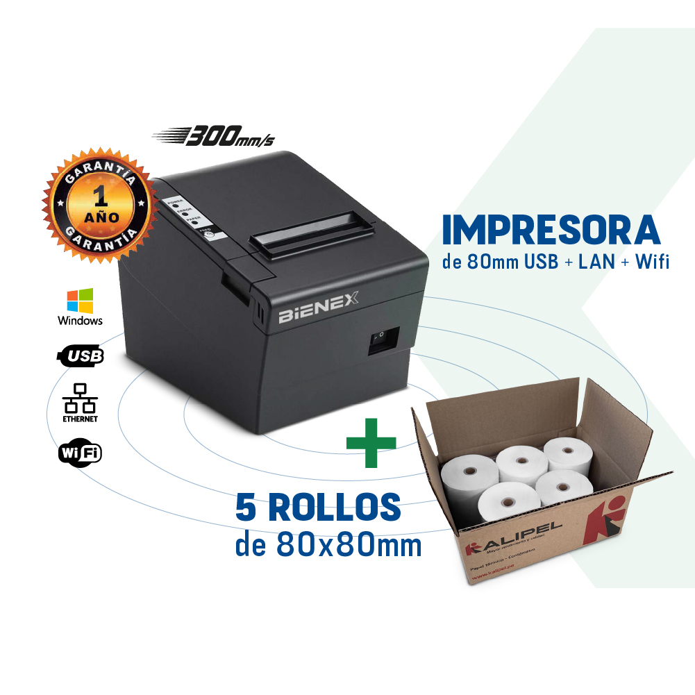 Impresora ticketera térmica de 80MM con interfaz USB + Ethernet + Wifi + 5 rollos de papel térmico de 80x80mm