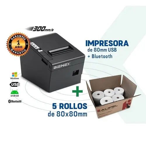 Impresora ticketera térmica de 80MM con interfaz USB y Bluetooth + 5 rollos de papel térmico de 80x80mm